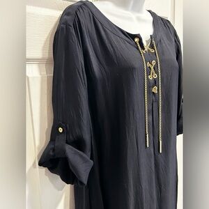 MICHAEL Michael Kors Navy and Gold Tie Front Blouse